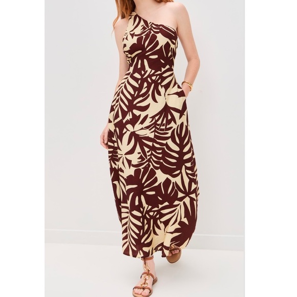Runway The Label One Shoulder Maxi Dress Topical Print Brown Butter Yellow M NEW - Picture 1 of 12
